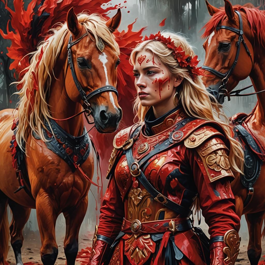 Red Horse with Amazon in Surrealist Digital Art