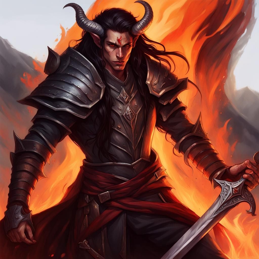 Stoic Tiefling Paladin with Greatsword in Matte Painting