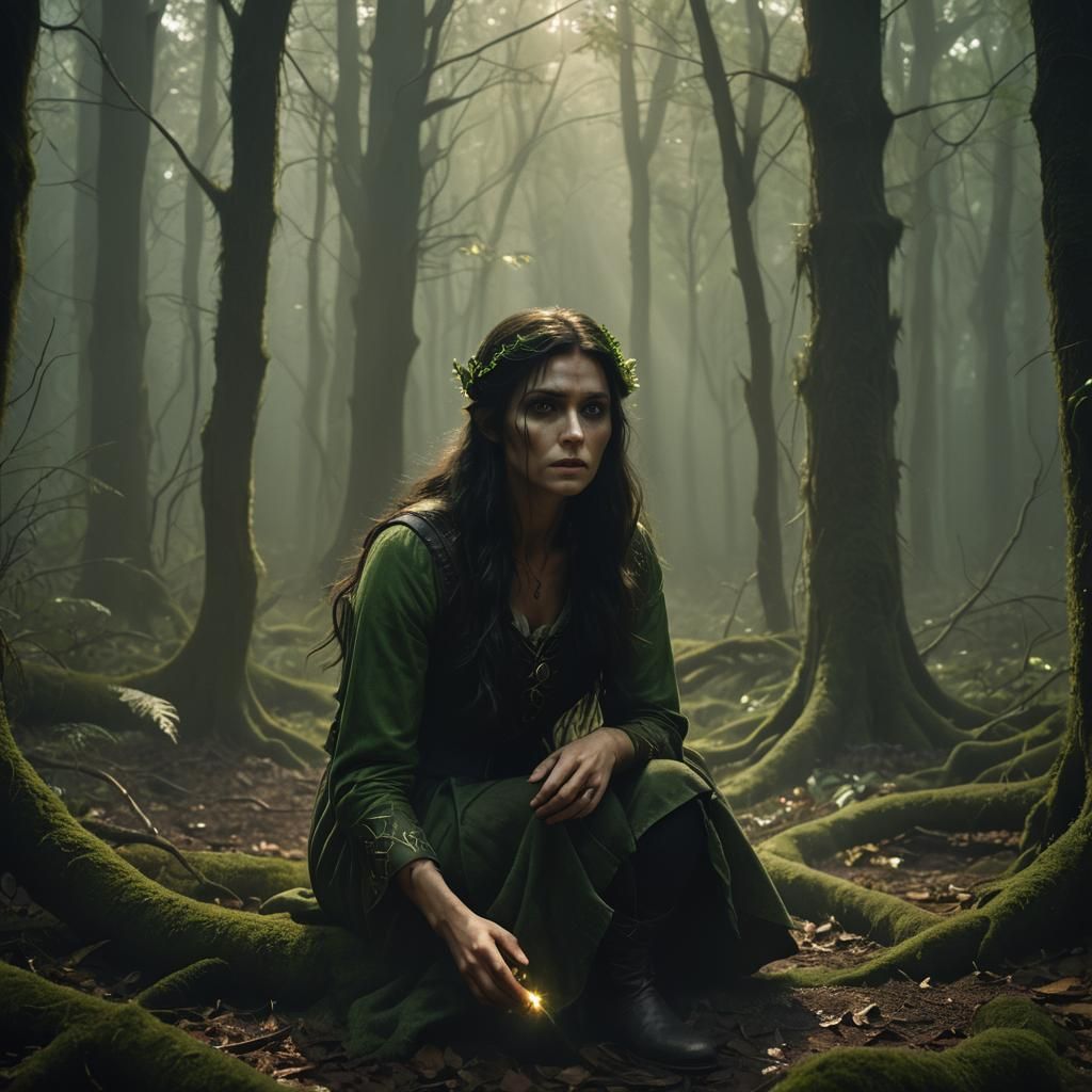 Enchanted Elf Girl in Dark Forest: Cinematic Still