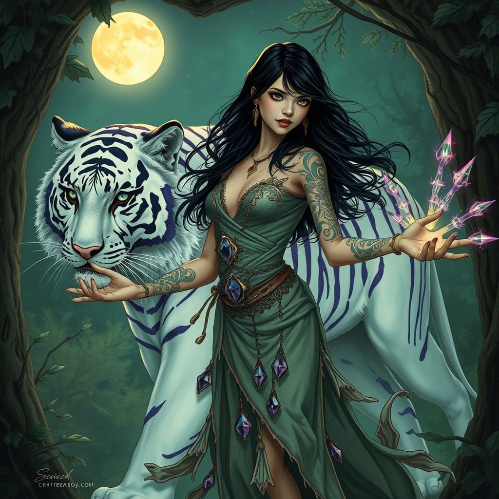 Mystical Sorceress and Tiger in Art Nouveau Style
