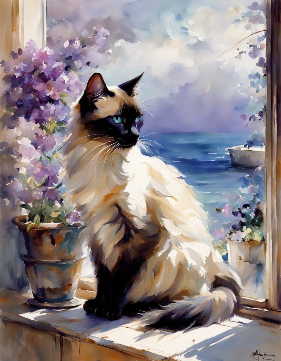 Siamese Cat on Windowsill with Ocean View