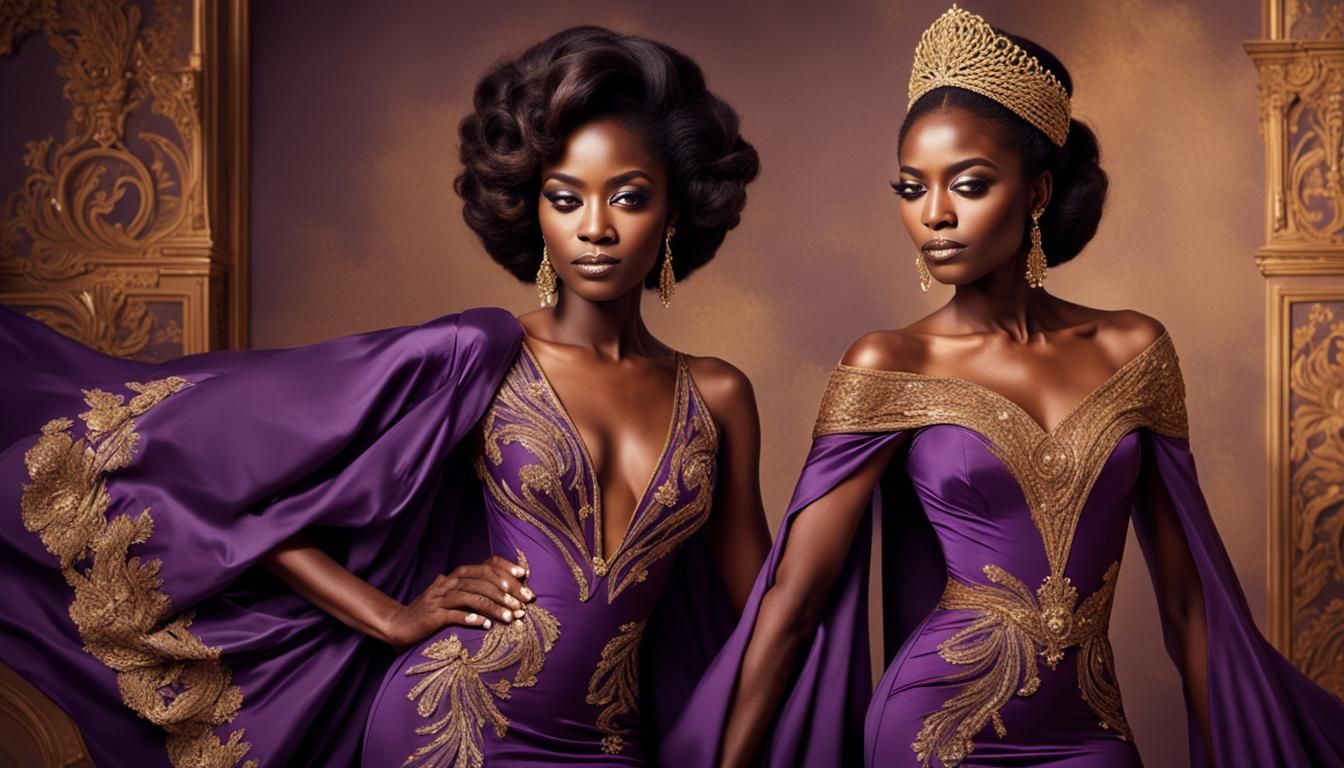 Elegant Portrait of Woman in Purple and Gold Gown