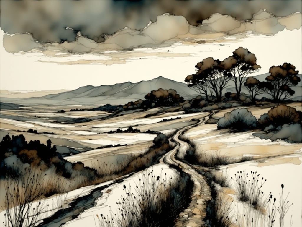 Serene Landscape with Rustic Earth Tones and Dramatic Skies