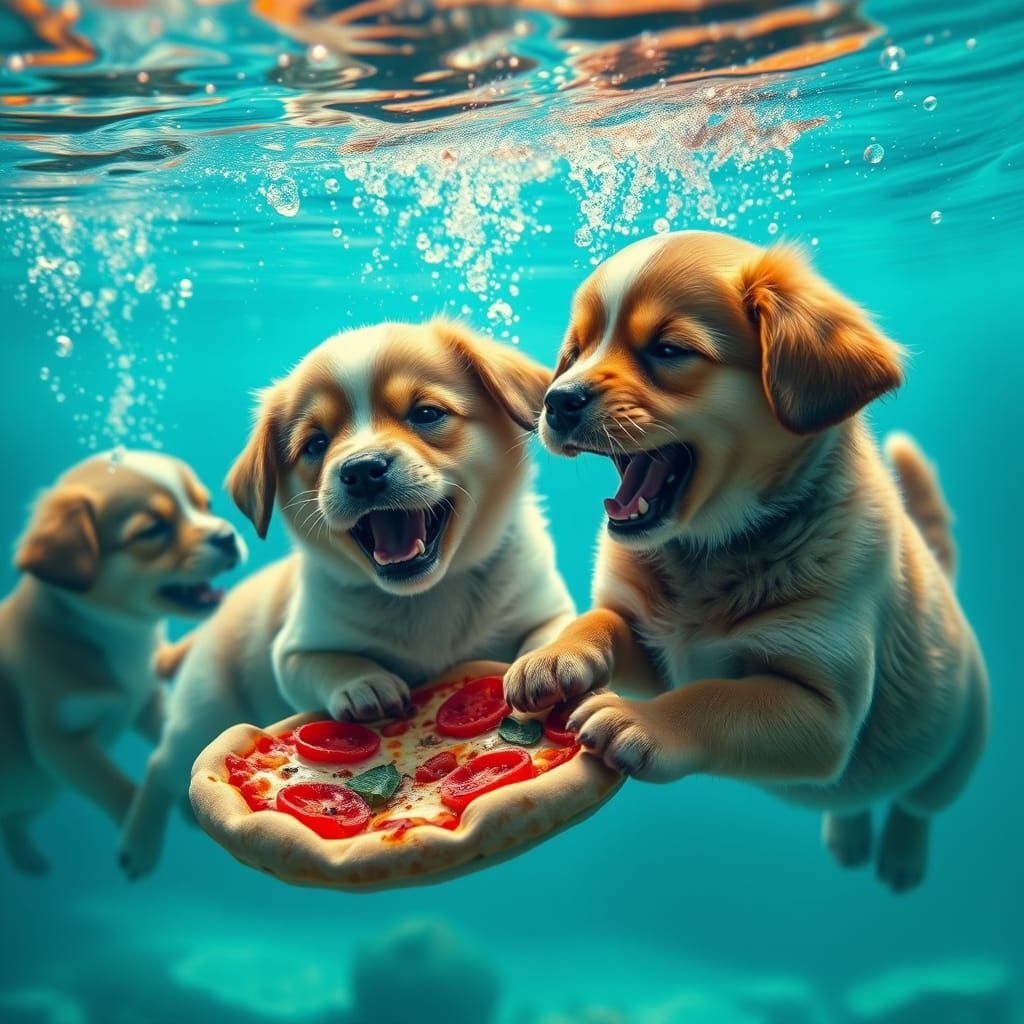 Underwater Puppies Enjoying Pizza: Embroidered Fantasy