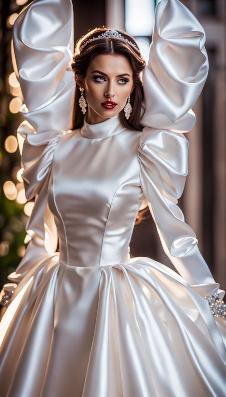 Woman in Satin Gown with Exaggerated Sleeves