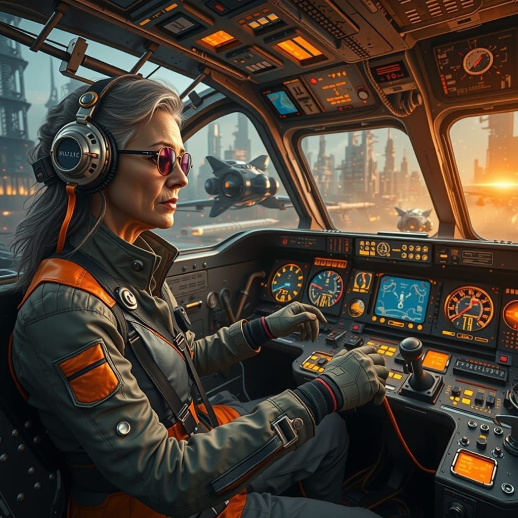 Aged Female Space Pilot in Retro-Futuristic Cityscape