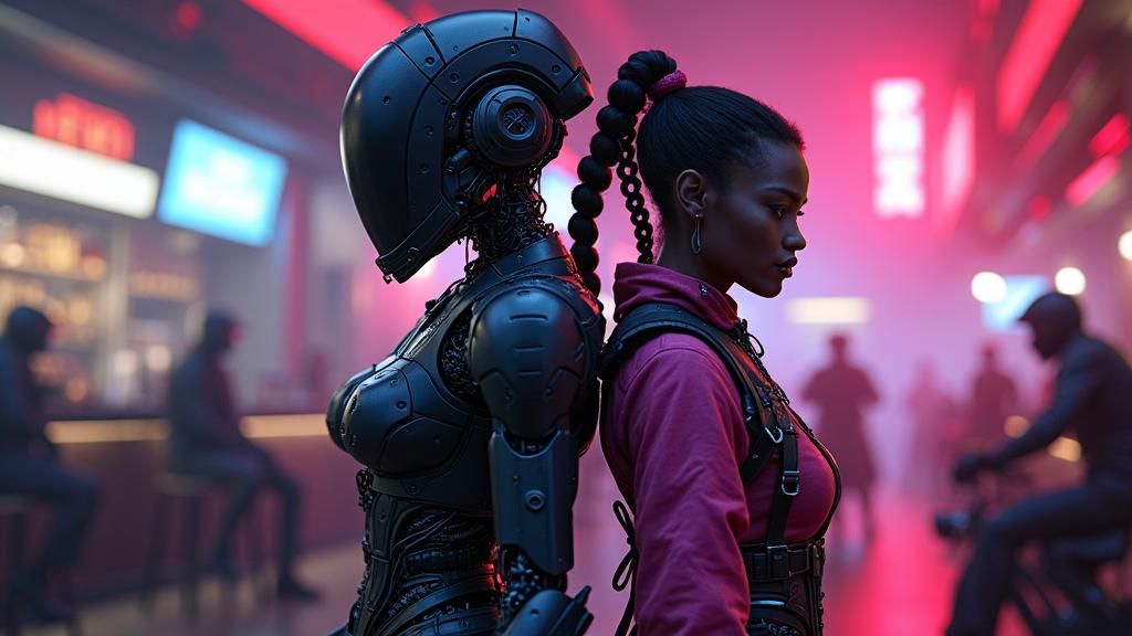 Cyberpunk Robot and Samurai in Futuristic Bar