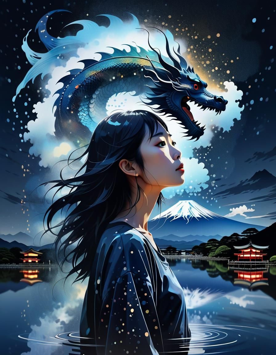 Woman and Dragon at Mount Fuji in Double Exposure