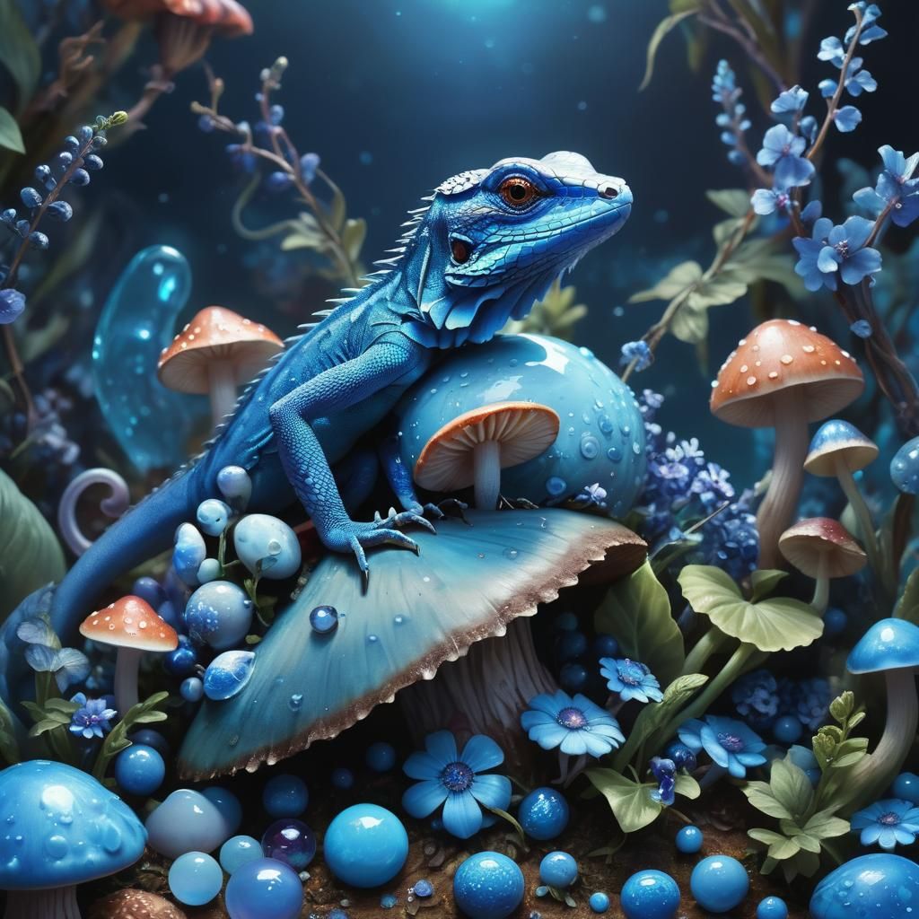 Blue Lizard on Mushroom in Vibrant Digital Art