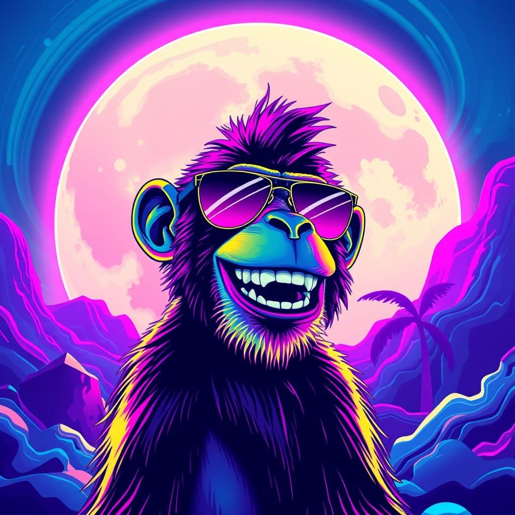 Neon Moon with Laughing Monkey in Vaporwave Style