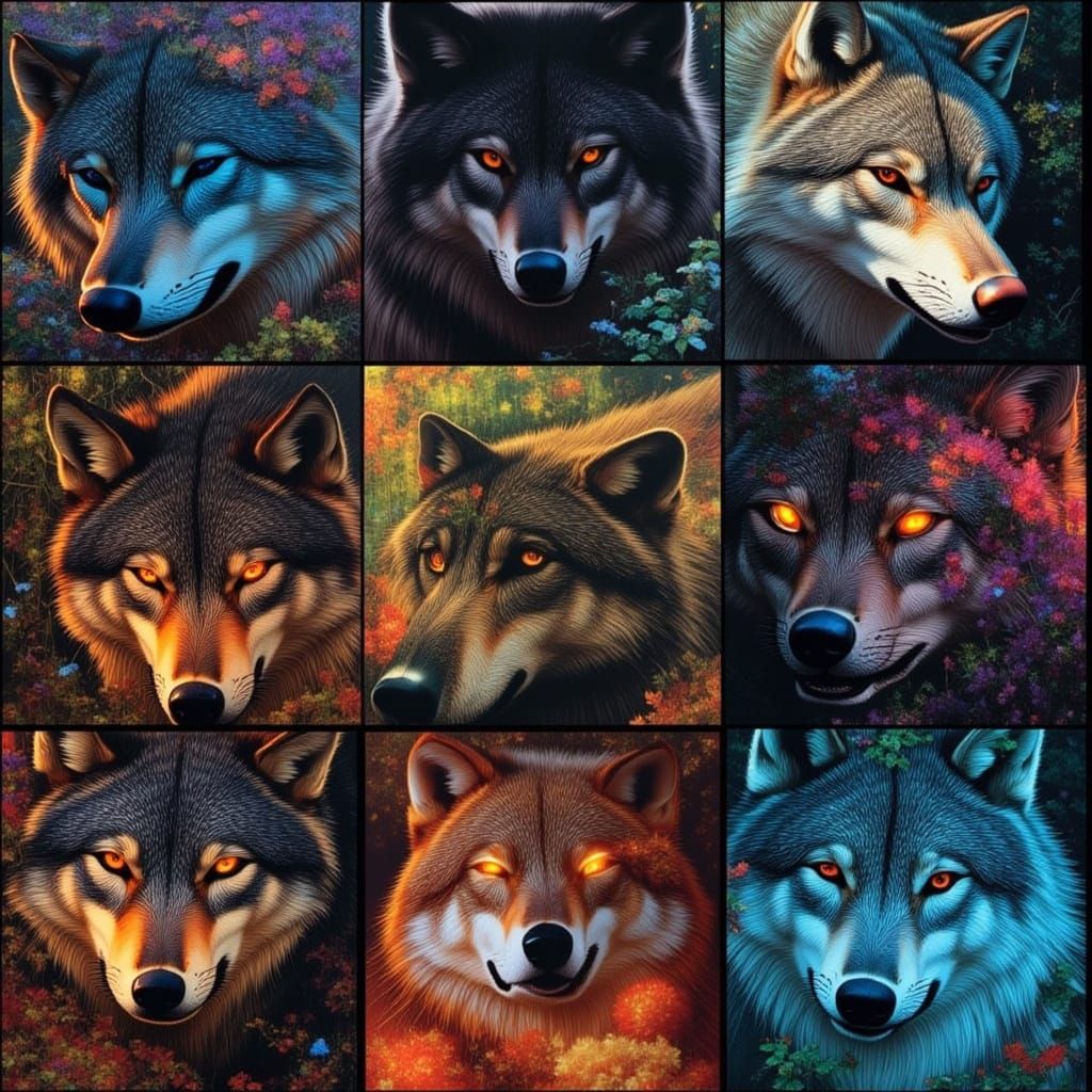 <lora:Collage Dream WC:1.0><lora:Wolf Flux:1.0>Mixed Media collage of nine (3 x 3) images featuring wolf shifters with g...
