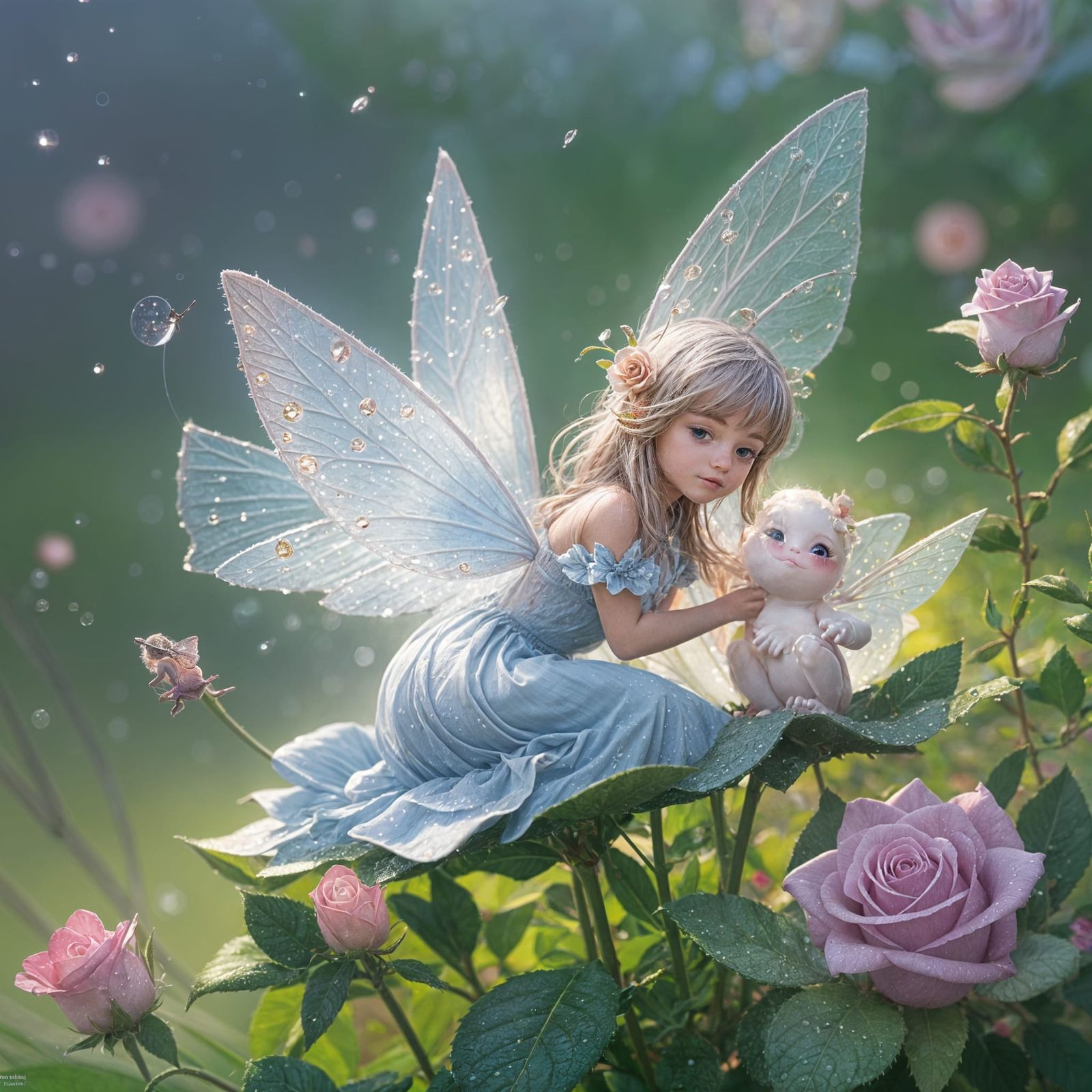 A Fairy Sits on a Rose in Morning Light