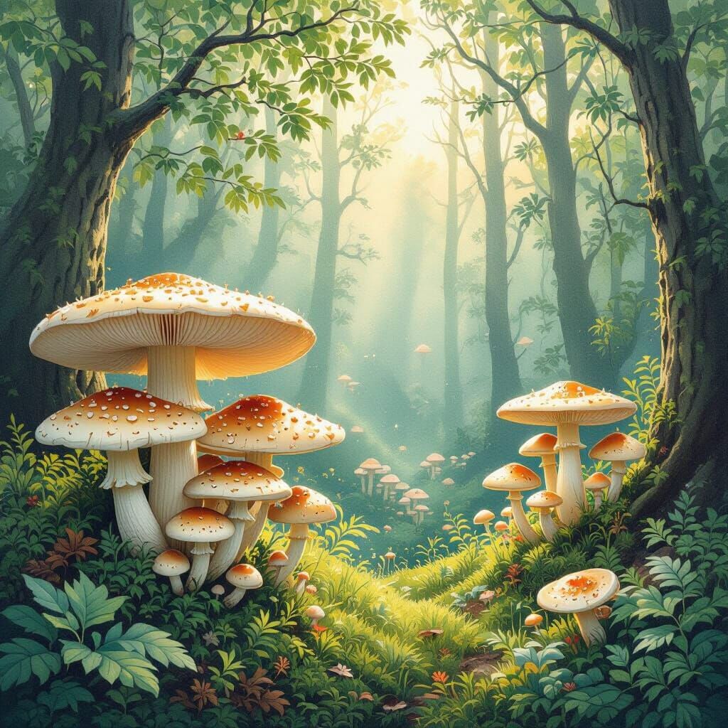 Mushrooms Dispersing Spores in Haeckel-Inspired Forest