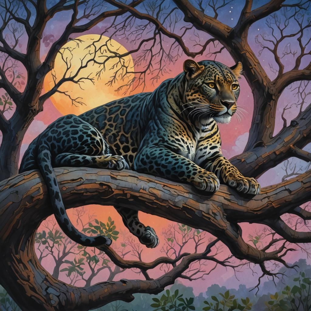 Black Leopard Asleep at Dusk in Gouache Style