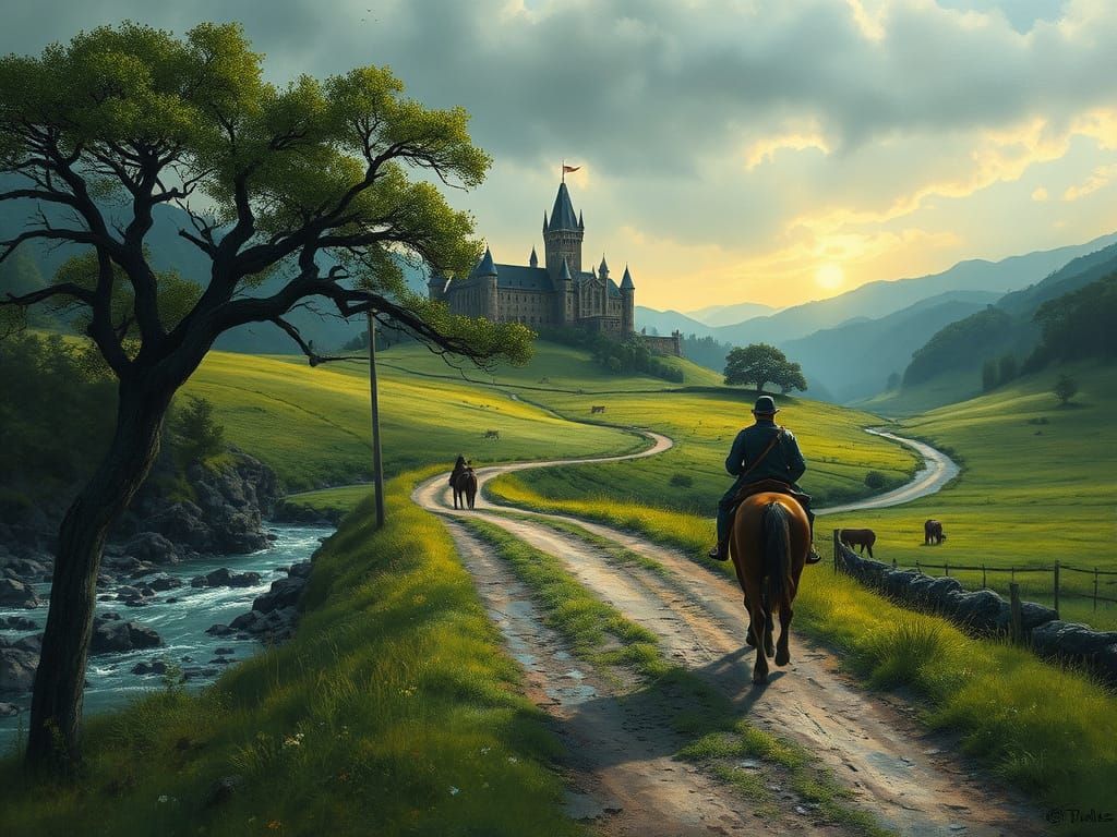 Soldier's Path to Enchanted Castle Amid Lush Countryside