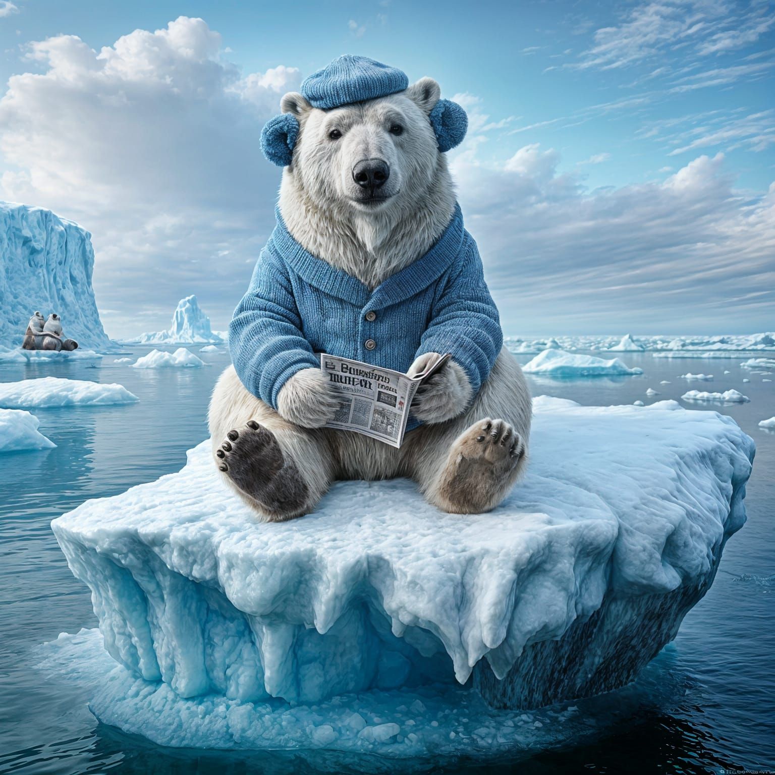 Whimsical Polar Bear Reading Newspaper on Iceberg