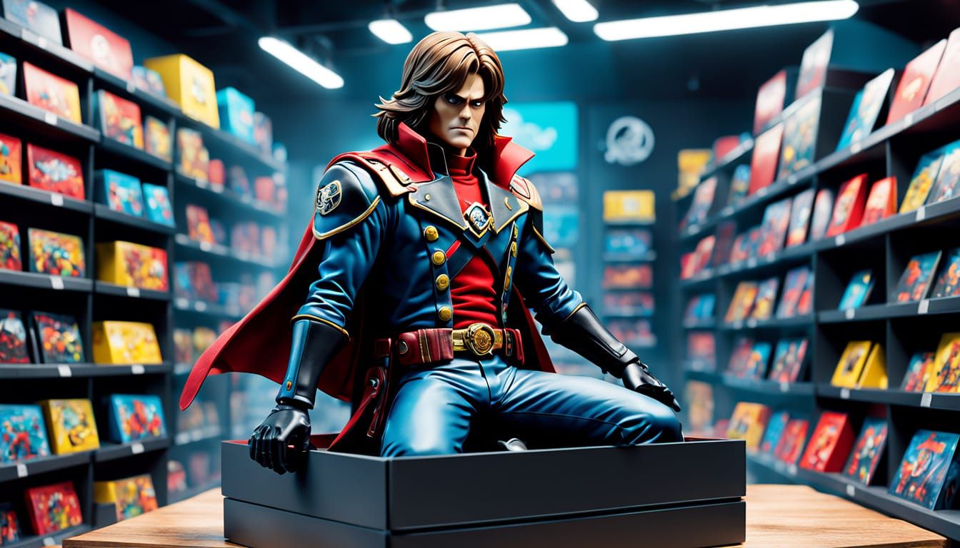 Vibrant Toy Store Scene with Captain Harlock Action Figure