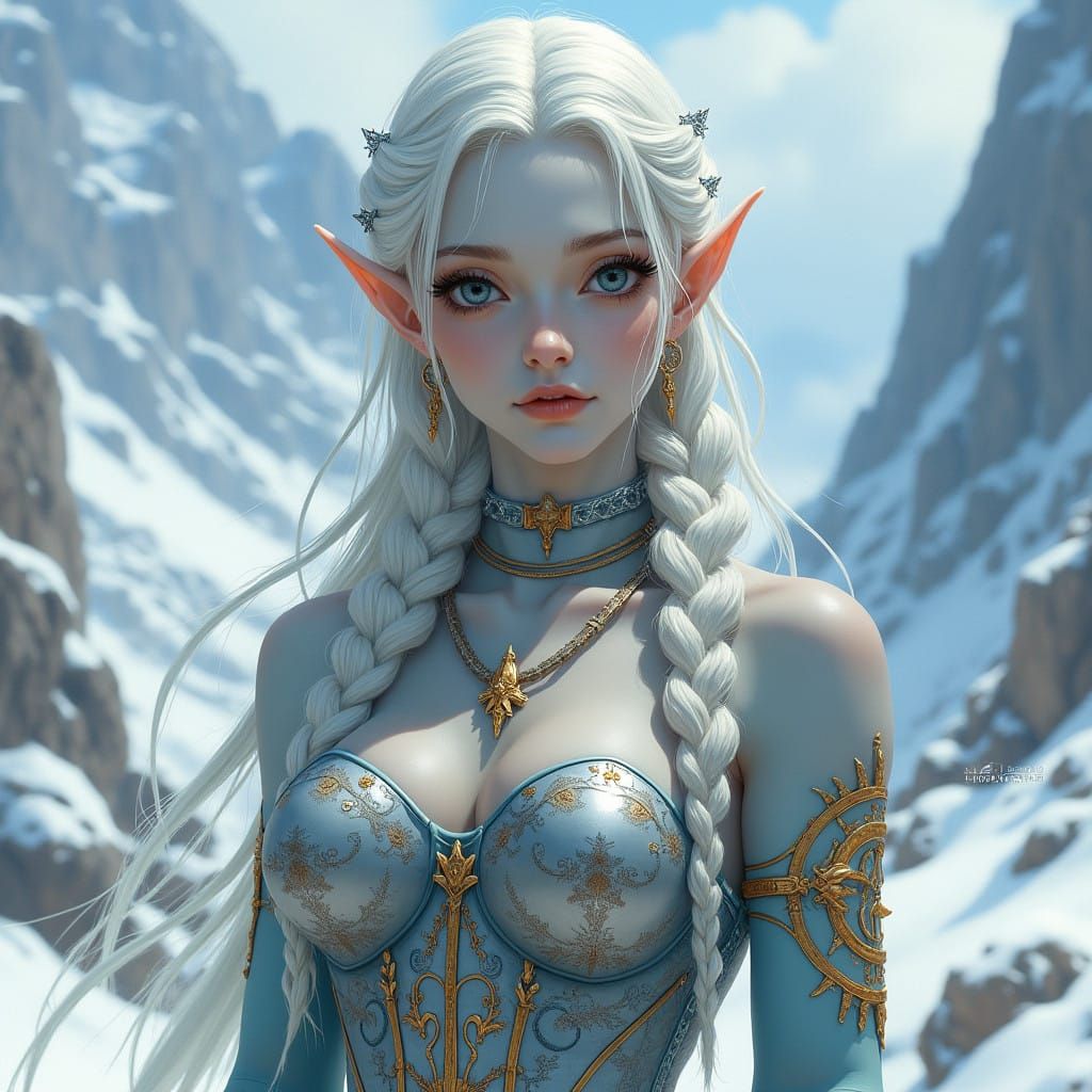 Ethereal Snow Elf Maiden in Cyberpunk-Inspired Fantasy Art