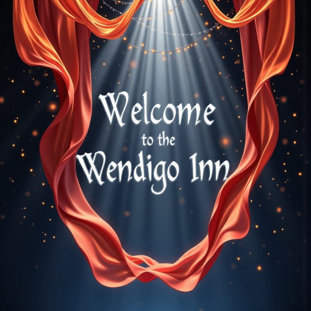 A silken banner, "Welcome to the Wendigo Inn," created by ice and fire elementals.<lora:Silken Light:1.0><lora:-Omnious ...
