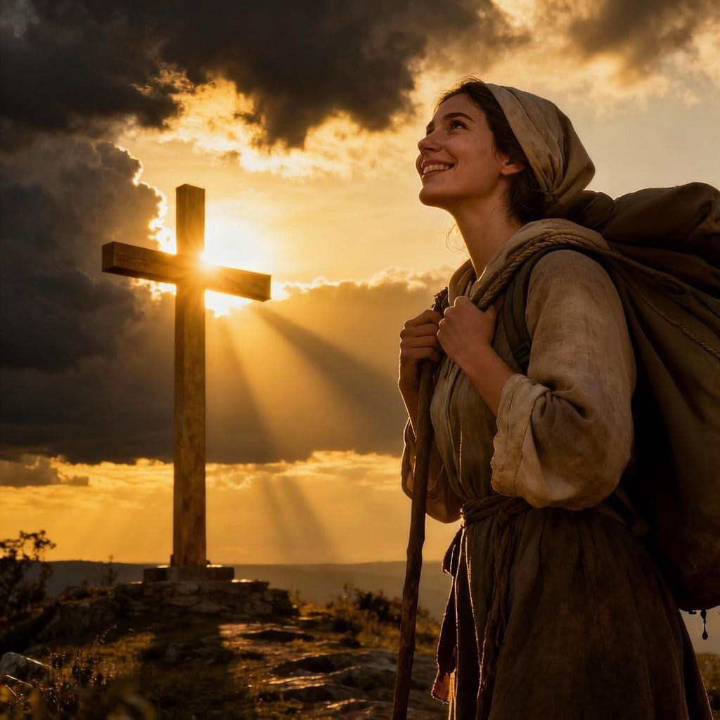 Pilgrim's Joyful Sunrise After Burden Lifts