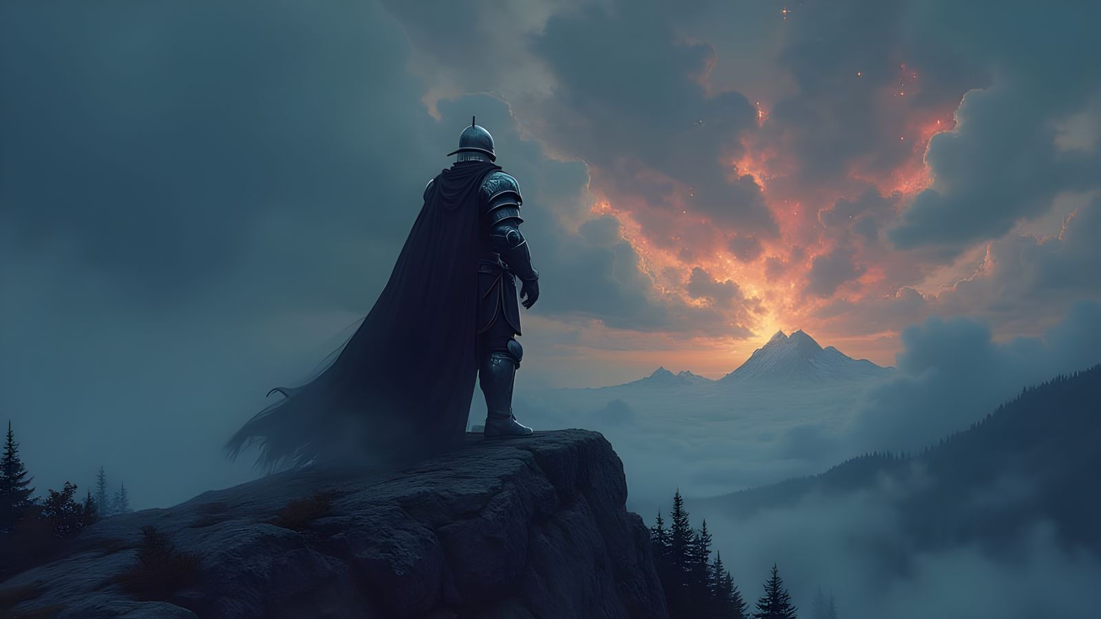Epic Dark Fantasy Knight on Mountain Silhouette