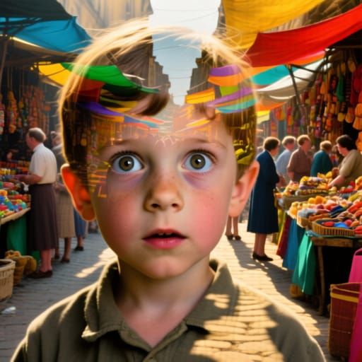 Surreal Child Portrait Merged With Bustling Marketplace