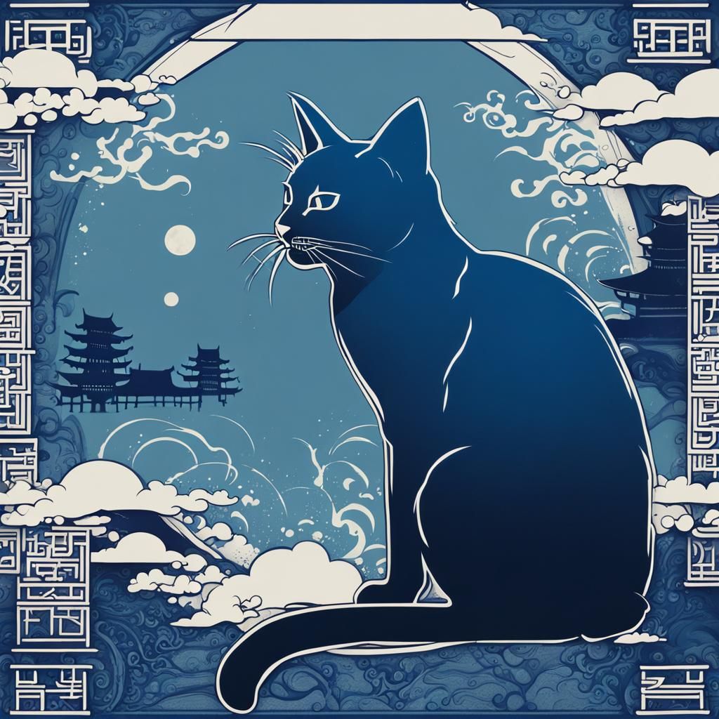 japanese simple outline ink painting silhouette of a cat against a kanji script text full screen background, colors blue...