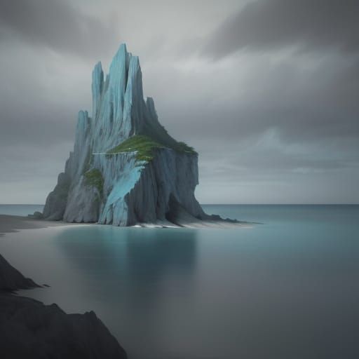 Surreal Island in Pale Blue Ocean Dawn