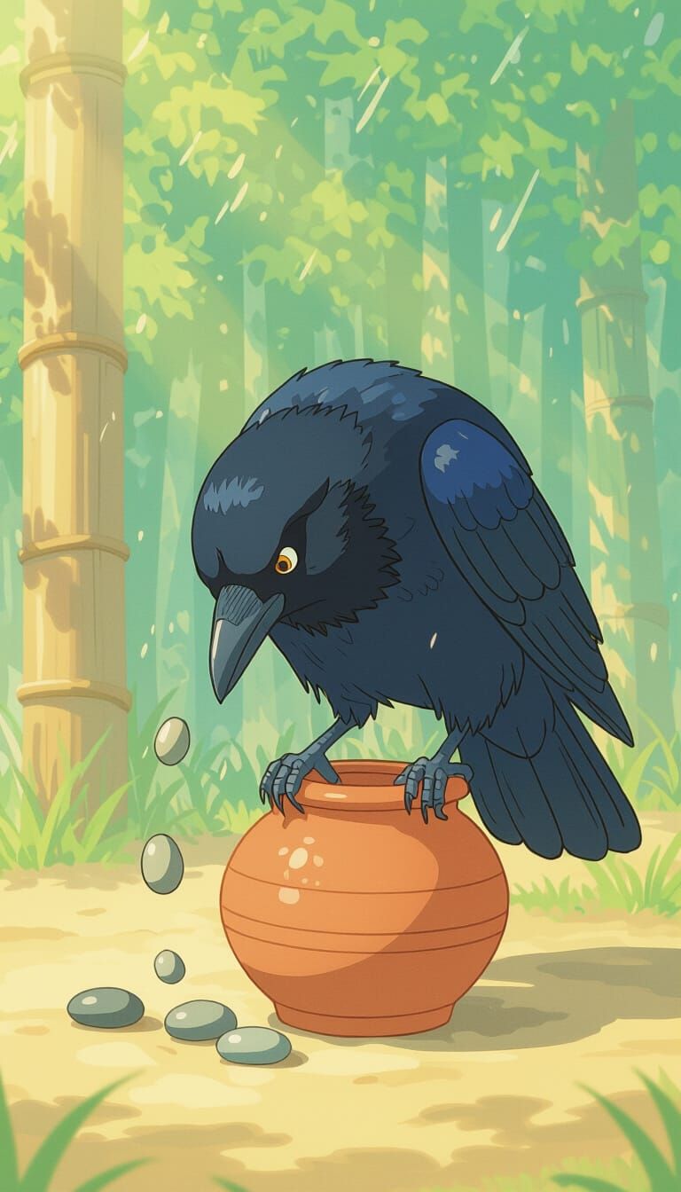 Anime Crow Solves Puzzle with Pebbles