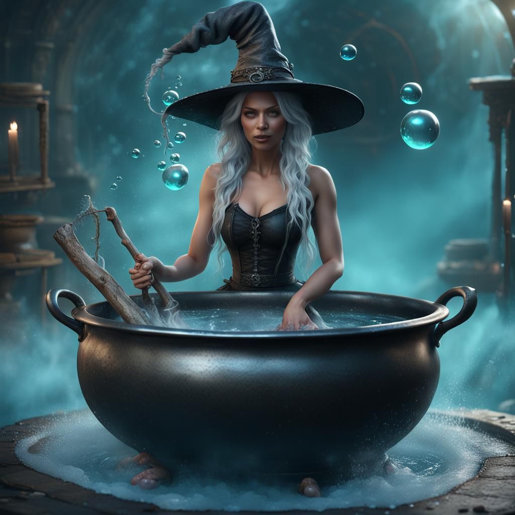 Witch in Cauldron Bath, Detailed Matte Painting
