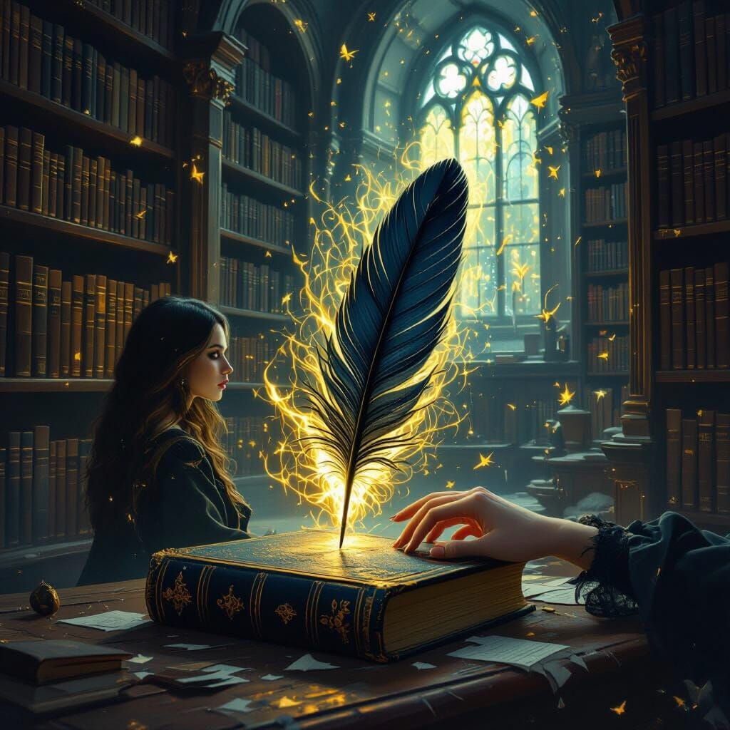 Wendy's Vision: Glowing Raven Feather in Old Library