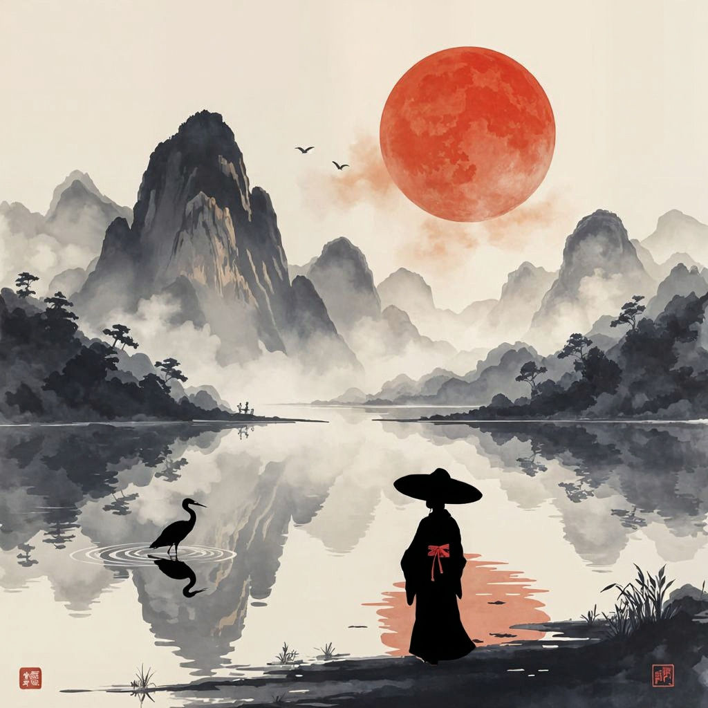 Shan Shui Ink Painting: Girl and Red Moon
