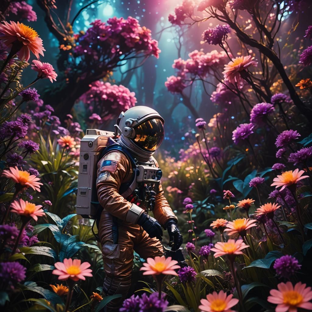 Astronaut Explores Dreamlike Realm of Flowers