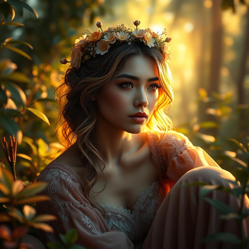 Woman with Flower Crown in Enchanted Forest