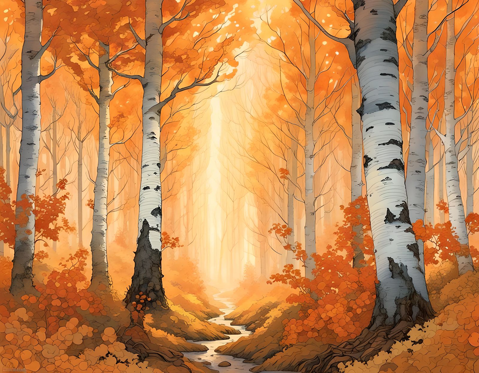 Mystical Orange Autumn Forest in Watercolor Style