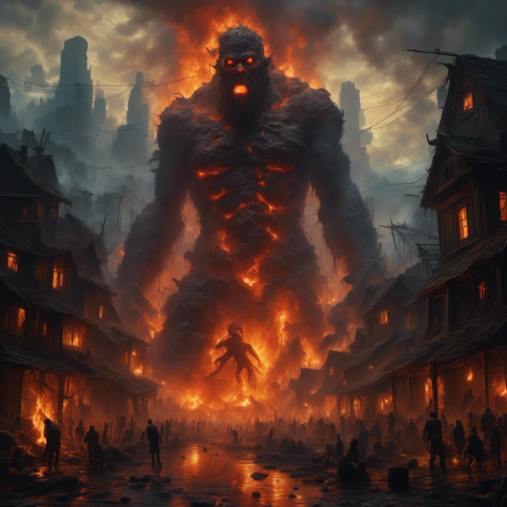 Towering Flame Demon in Dark Fantasy Oil Painting