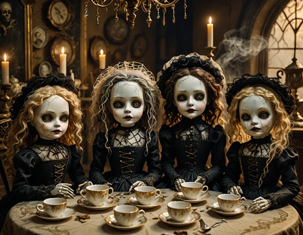 Haunted Dolls' Tea Party in Gothic Fantasy Style