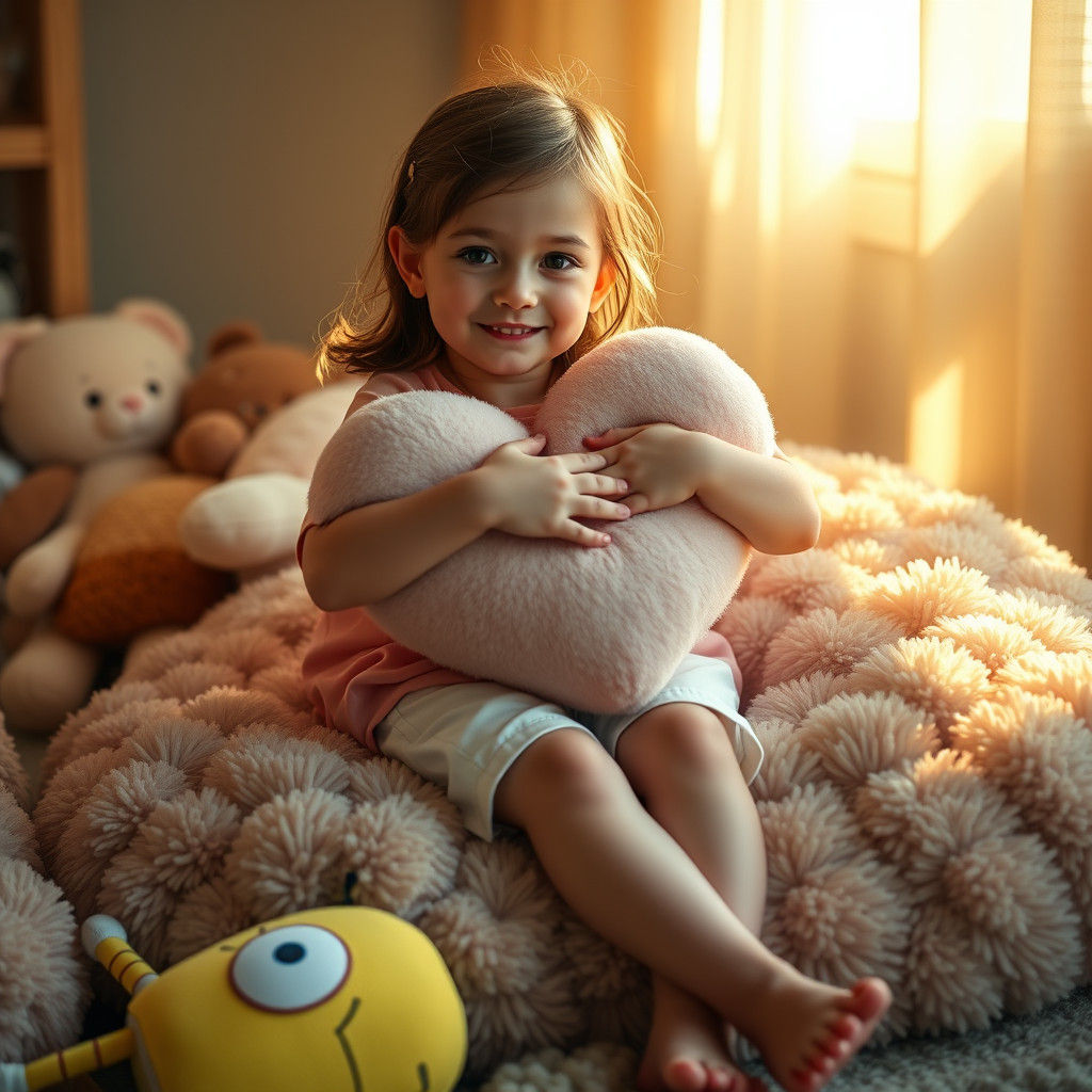 Girl Hugging Heart Pillow in Golden Light