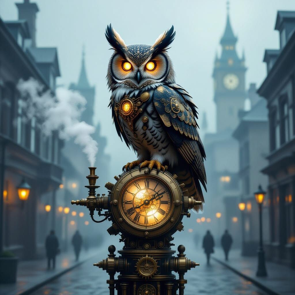 Steampunk Owl on Clockwork Automaton in Foggy Victorian City