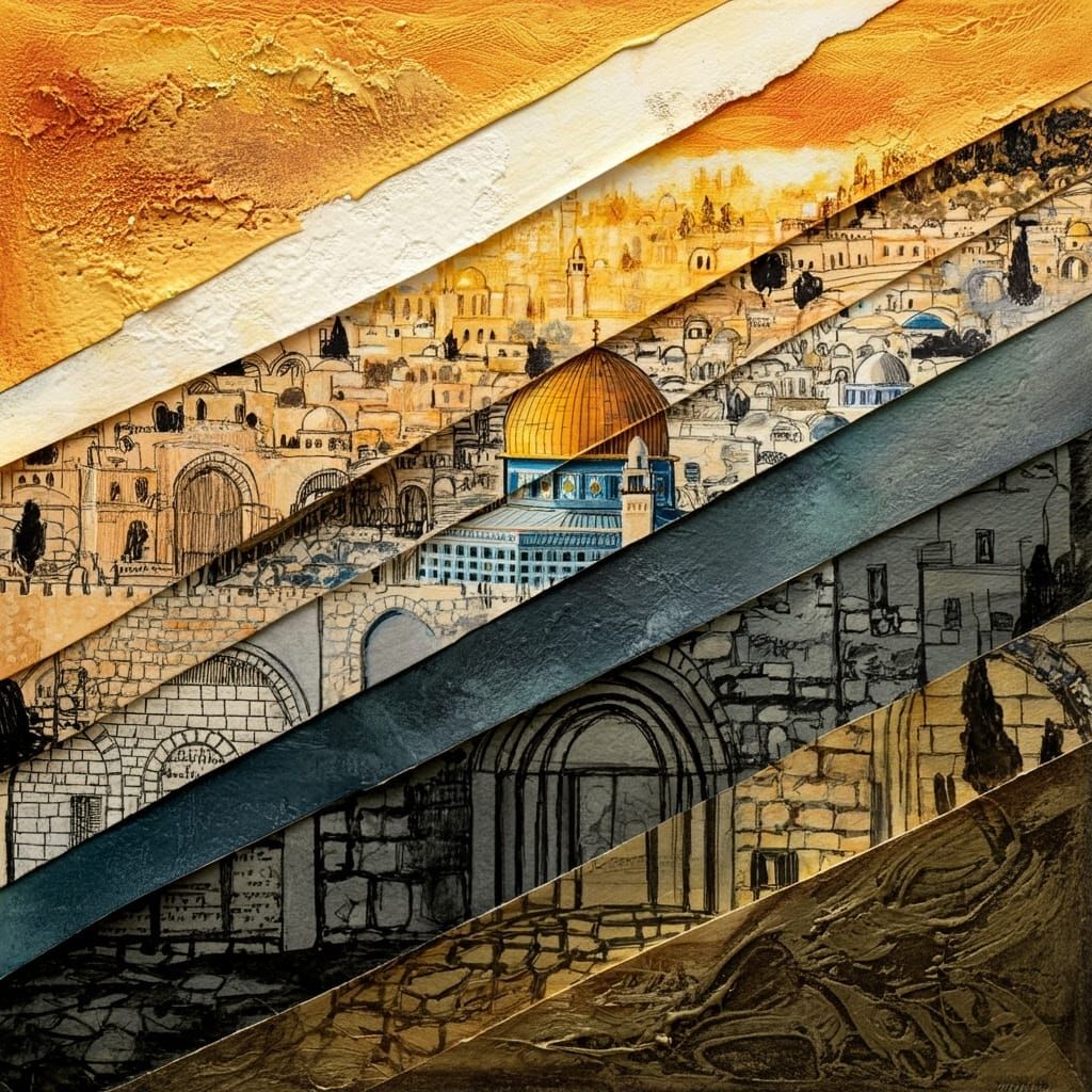Layered Cityscape of Jerusalem in Mixed-Media Artwork