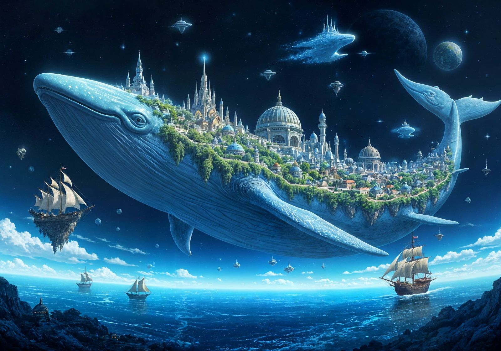 Cosmic Whale Civilization in Dark Fantasy Style