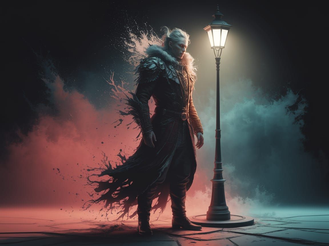 Mysterious Figure in Streetlight: Hyperrealistic Splash Art