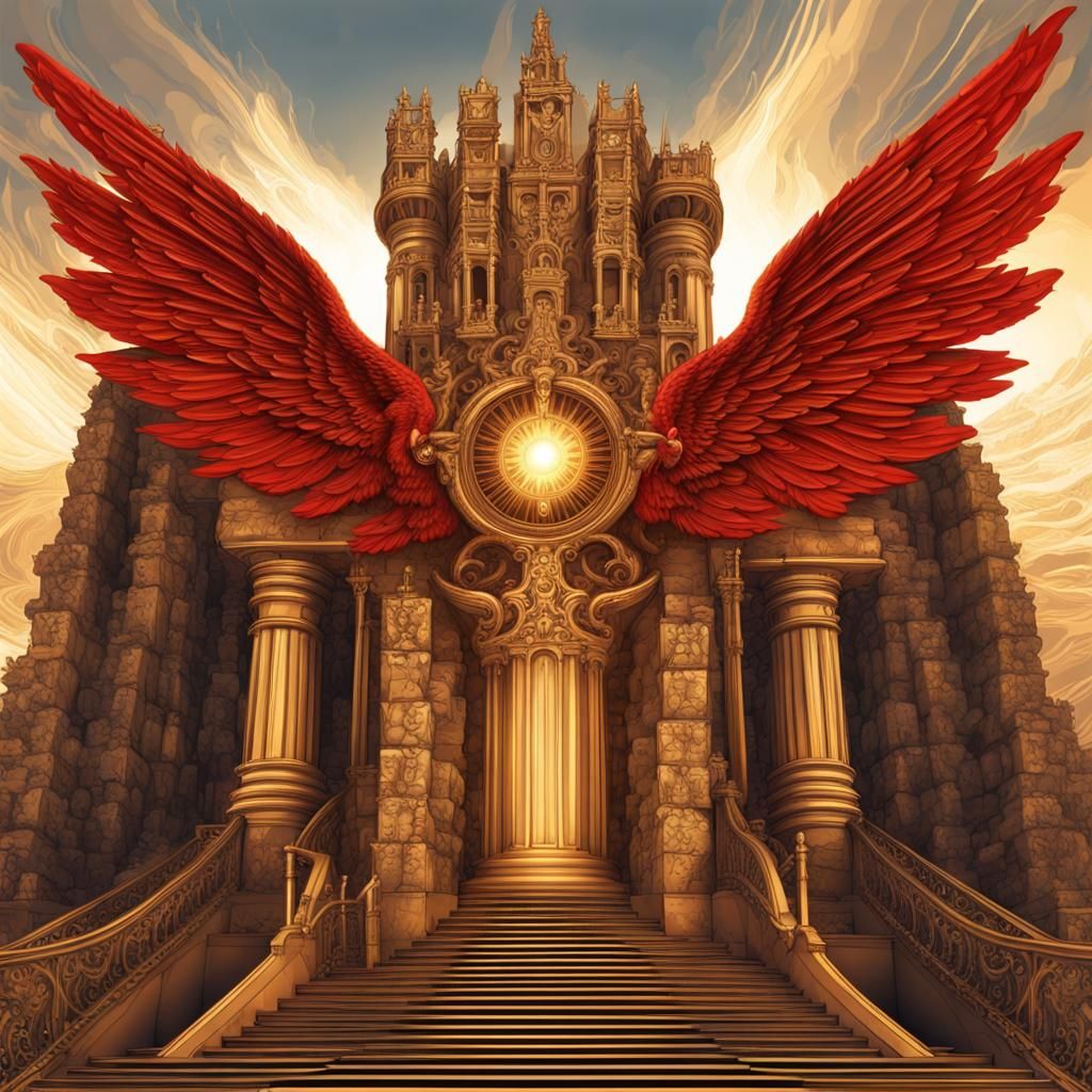 Red Angel on Castle Steps in Steampunk Style