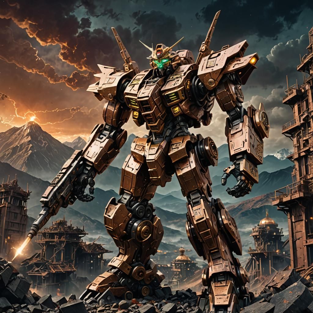 Steampunk Tiger Gundam Mecha Rises in Ancient Ruins