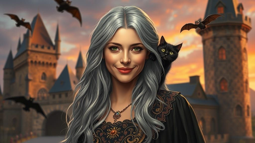 Woman with Cat at Knight Castle in Fantasy Art