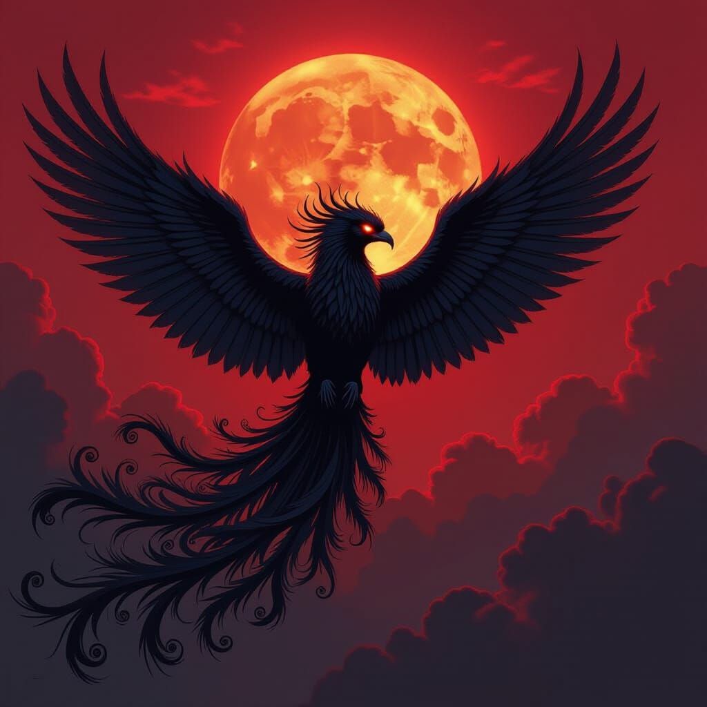Black Phoenix Soaring Through a Blood-Red Sky