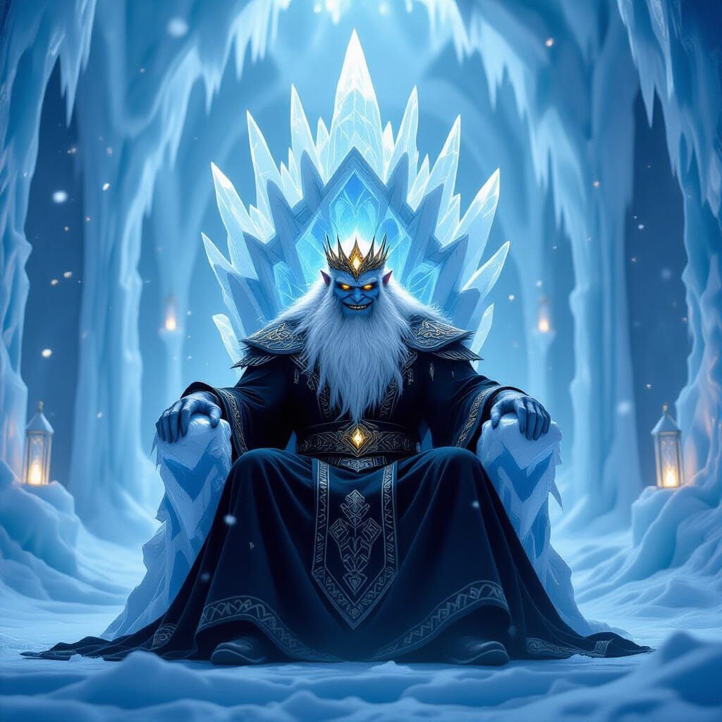 Yeti King on Ice Throne in Mythic Fantasy Realm