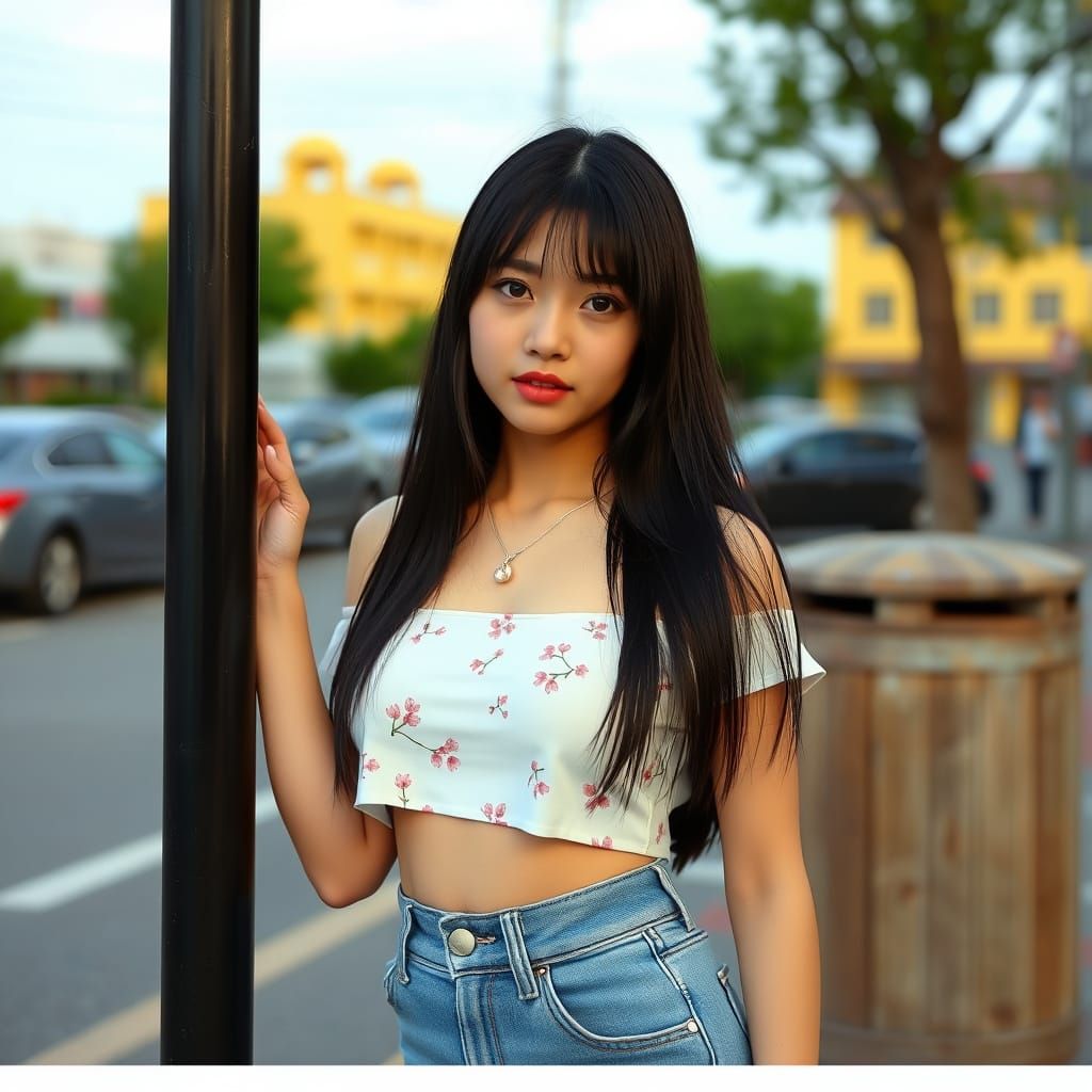Woman in Cherry Blossom Top: Street Style Photo