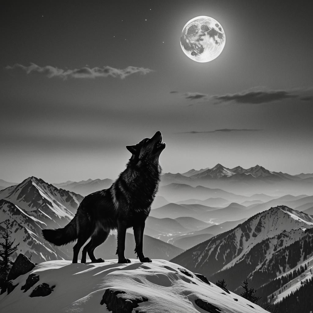 Lone Wolf Howling at Moon: Black and White Silhouette