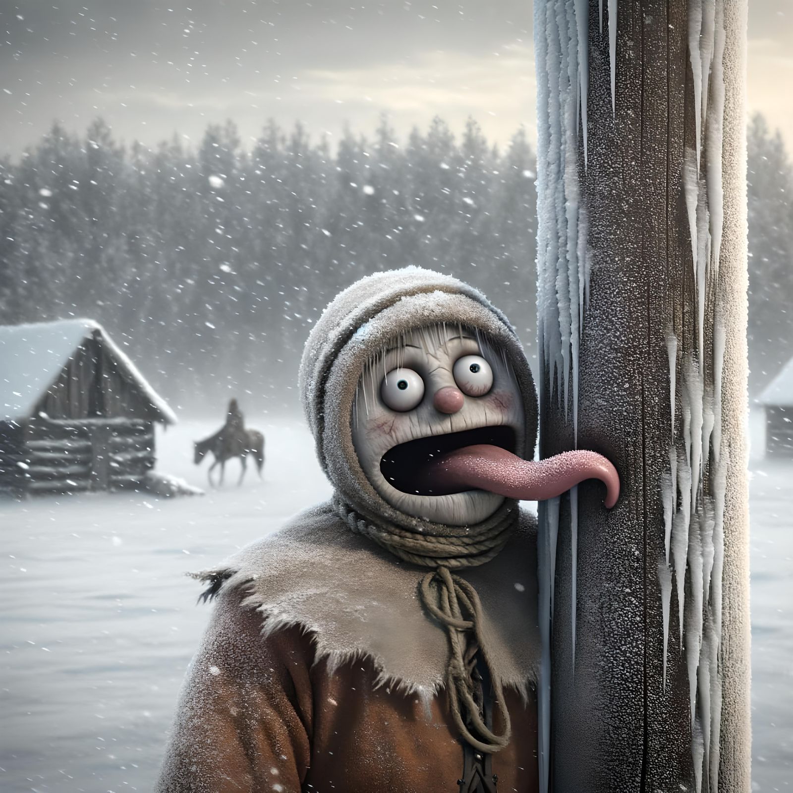 Terrified Peasant Stuck on Frozen Pole in Winter